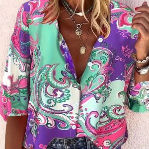 PAISLEY PRINT BUTTON FRONT WOMENS WESTERN BOHO CASUAL MULTICOLOR BLOUSE SZ SMALL